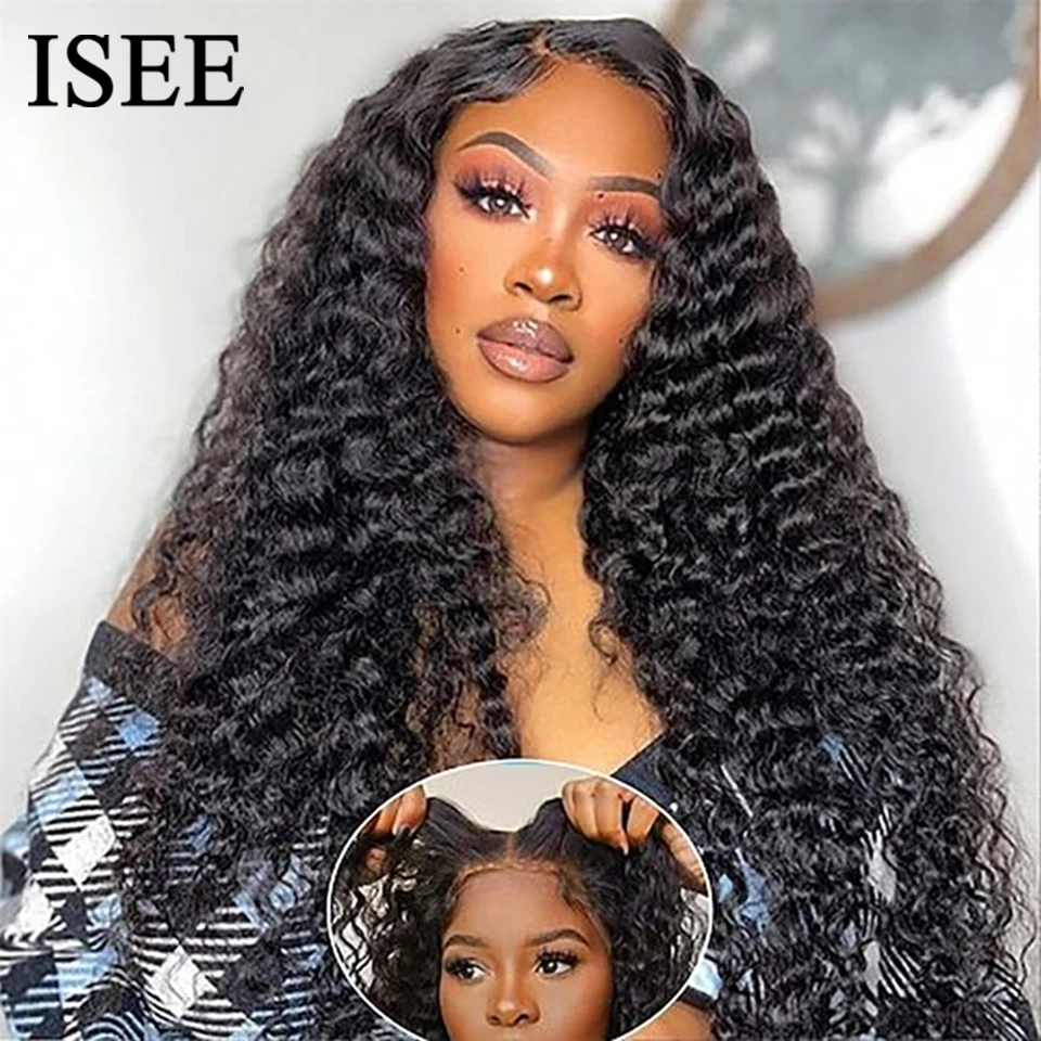 ISEE Hair Glueless Wig Wear And Go Deep Wave Frontal Wig 6x4 HD Transparent Curly Lace Front Human Hair Wig Ready To Wear