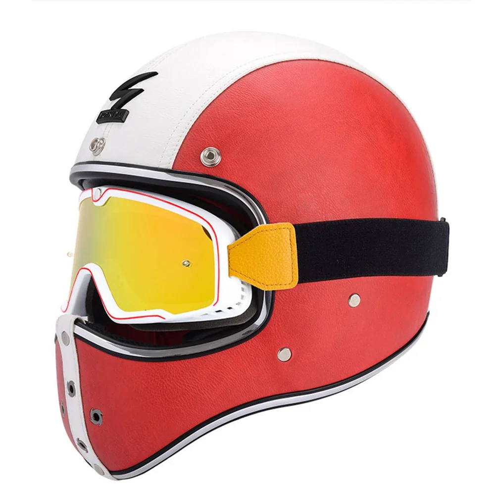 Men Vintage PU Leather Full Face Motorcycle Helmet Vintage Moto Helmets DOT Approved Cafe Racer Chopper Motorcycle Accessories