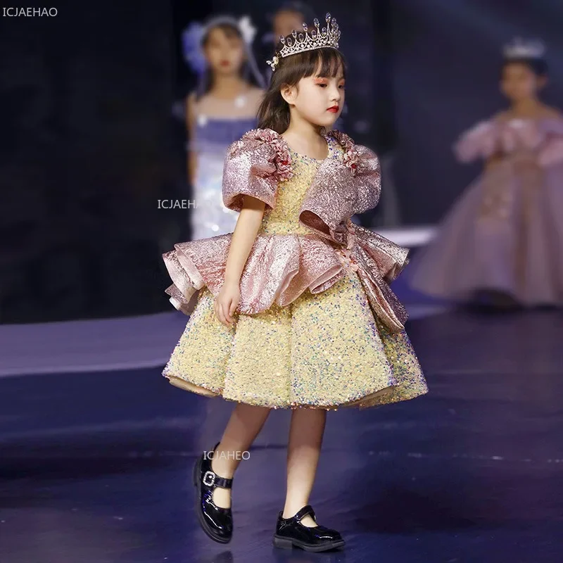 

Платье принцессы с золотыми пайетками для девочек, праздничное платье на день рождения для детей, свадебный прием, официальная одежда, конкурс, вечернее выступление
