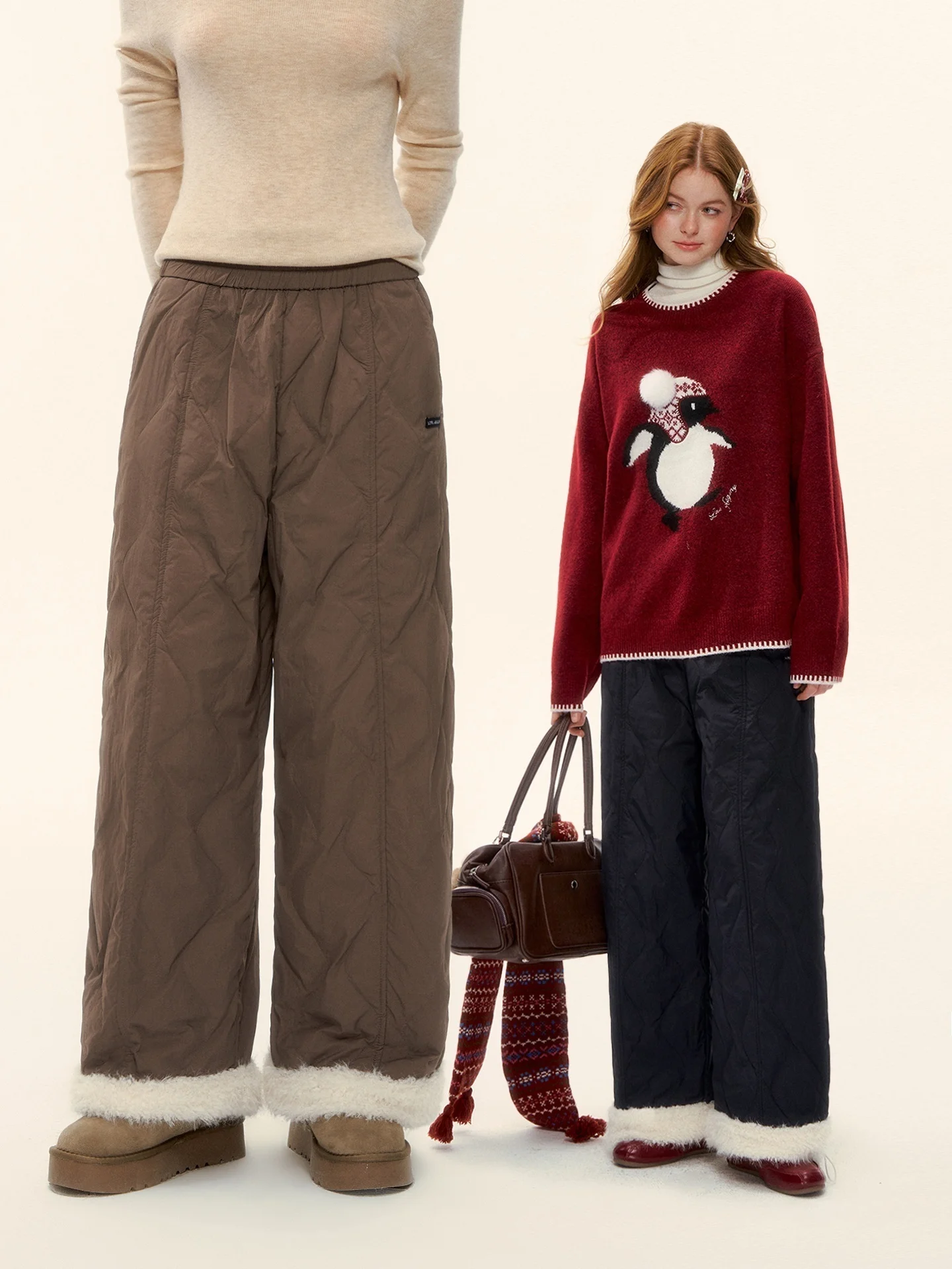 

AsGony Casual Pants Elastic Waist Wide Leg Patchwork Frayed Hem Faionable Vintage Loose Fit Straight Leg Trousers for Women