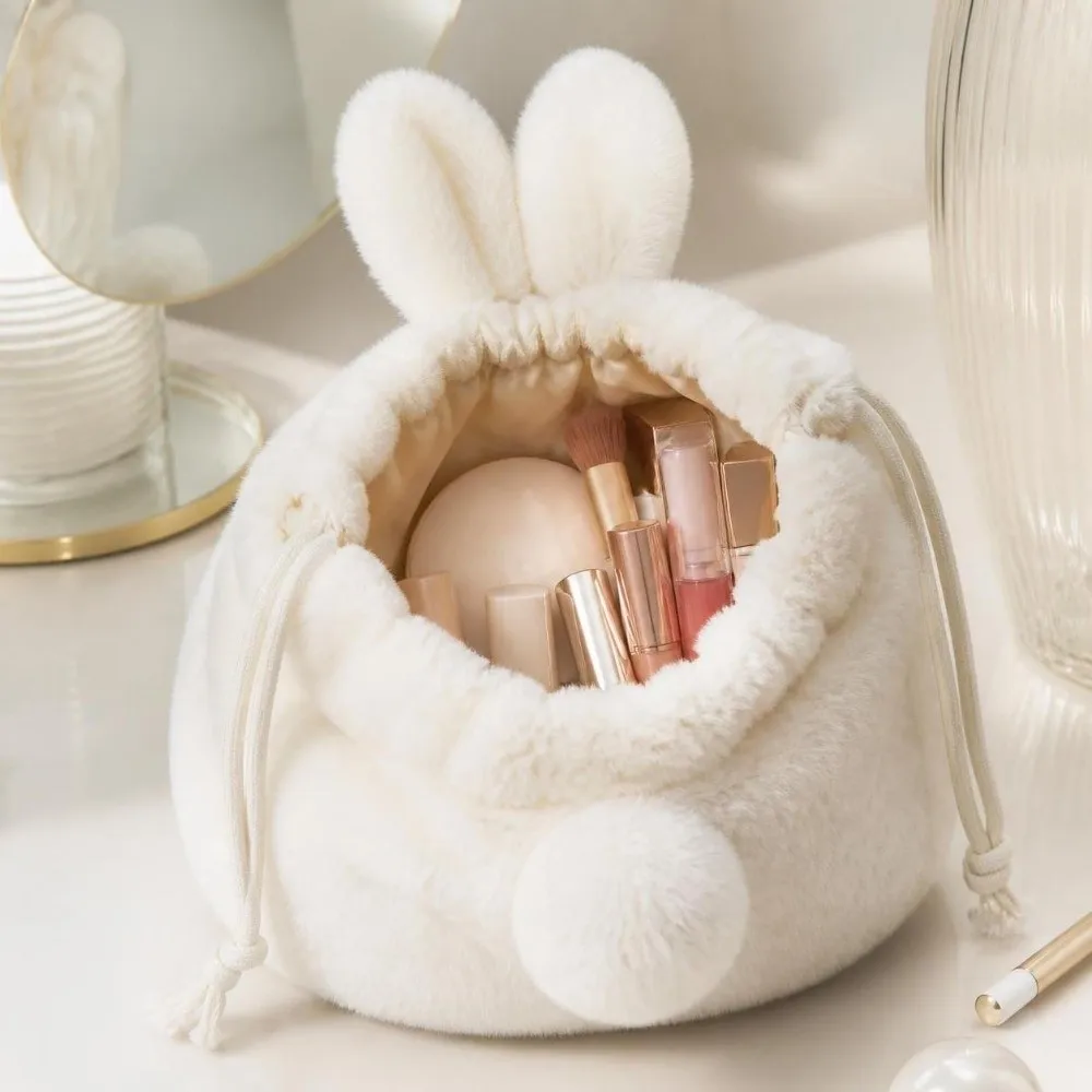 Fluffy Style Drawstring Storage Bag Multi-Functional Cartoon Design Bunny Plush Pouch Tail-Like Tassel Large Capacity Makeup Bag