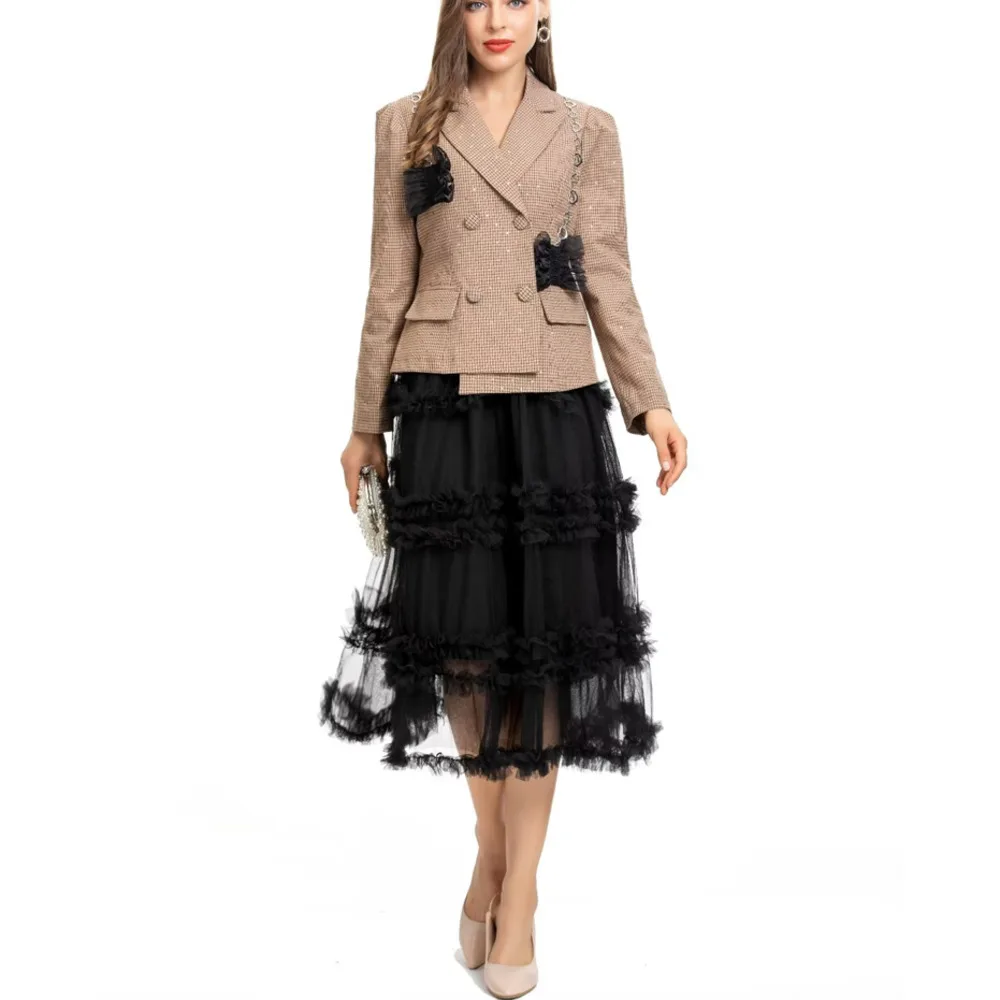 

Fashion New Autumn Women's Sets Designer Jacket Tops Black Mesh Skirt Vintage Elegant Workplace Casual Party High Quality Suit