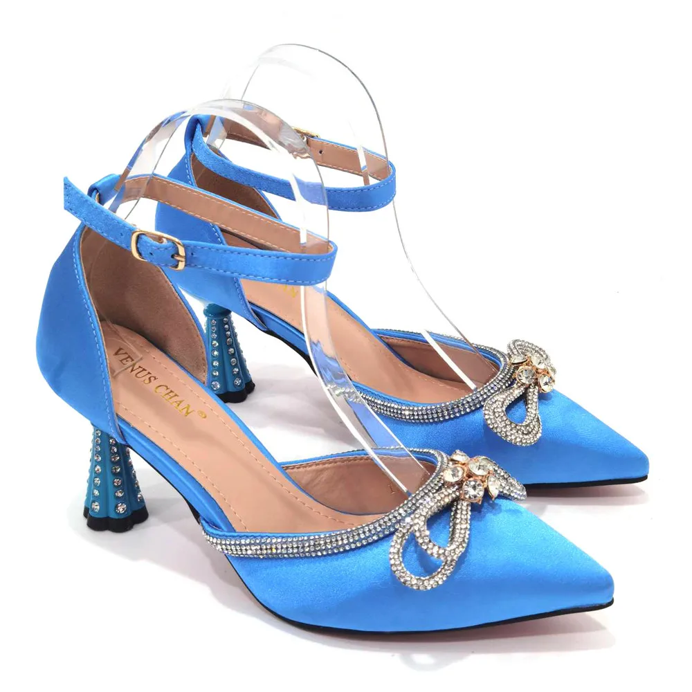 Venus Chan 2023 Ladies Summer Special Design Sky Blue Color African Women Shoes and Bag Set Pointed Toe Pumps for Wedding Party