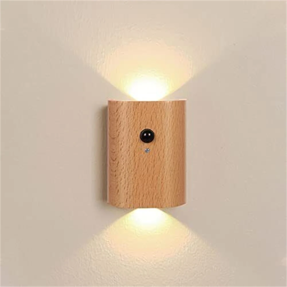 1pcs Wooden Motion Sensor Night Lights USB Rechargeable Wireless LED Induction Wall Lamp Bedroom Kitchen Corridor Stair Light