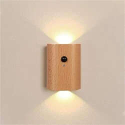 1pcs Wooden Motion Sensor Night Lights USB Rechargeable Wireless LED Induction Wall Lamp Bedroom Kitchen Corridor Stair Light