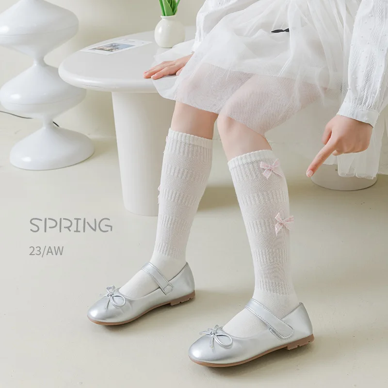 Child Long Socks For Girls Spring Autumn Cotton Bow Children Calf Socks Retro Solid Knee High Baby Kids Girl Elegant Sock 1-12Y view 4