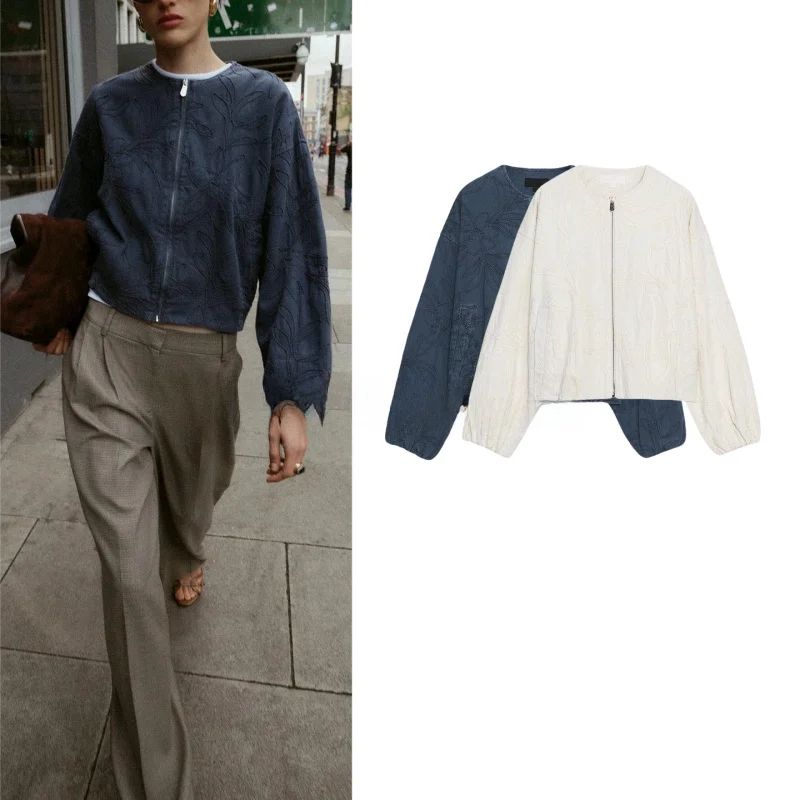 

Fall New Women's mat Sle Zipper Embroidery round Ne Long Sve Pilot Jaet Coat Breathable Loose Fit Outerwear