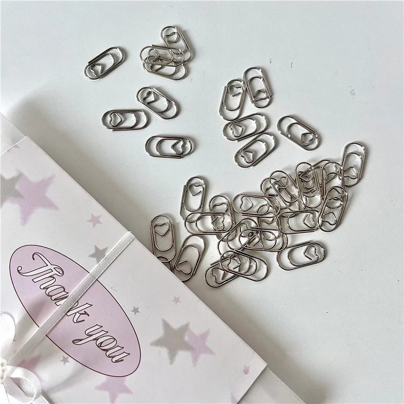 30pcs/set Ins Simplicity Retro Paper Clip Sliver Color Heart Style Scrapbook Paper Clip DIY Decor Memo Pad Fixed Decor Pin