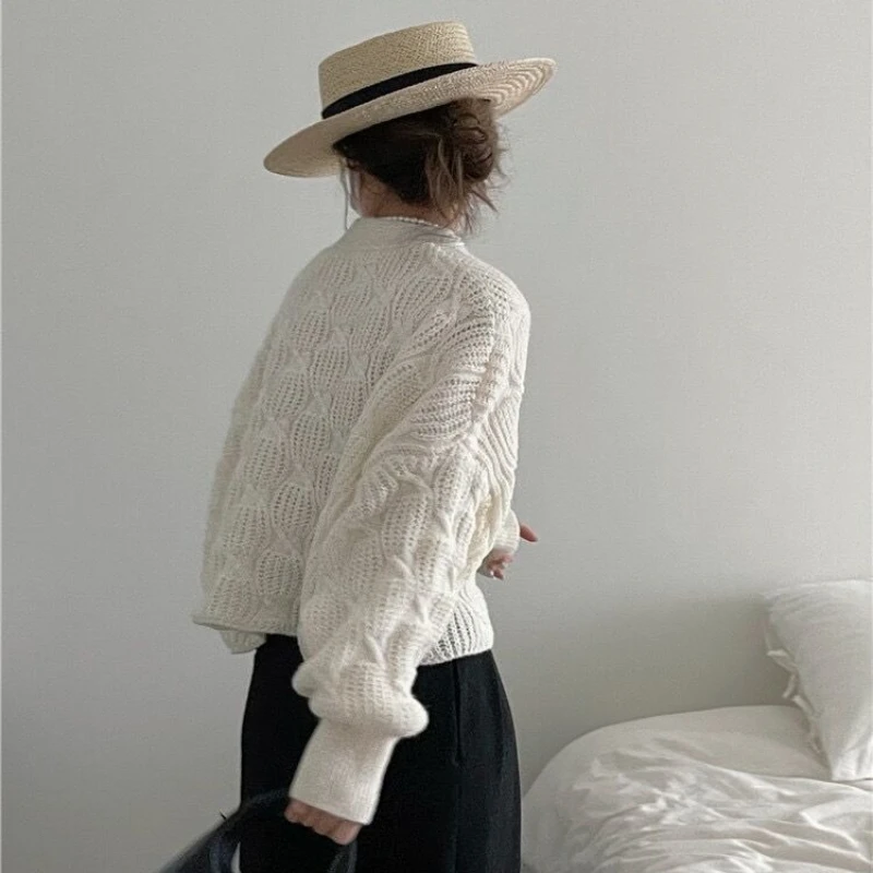 Cardigans Women Solid Fashion All-match Korean Style Loose Knitting Long Sleeve Sweater Simple Jacquard V-neck Elegant Popular