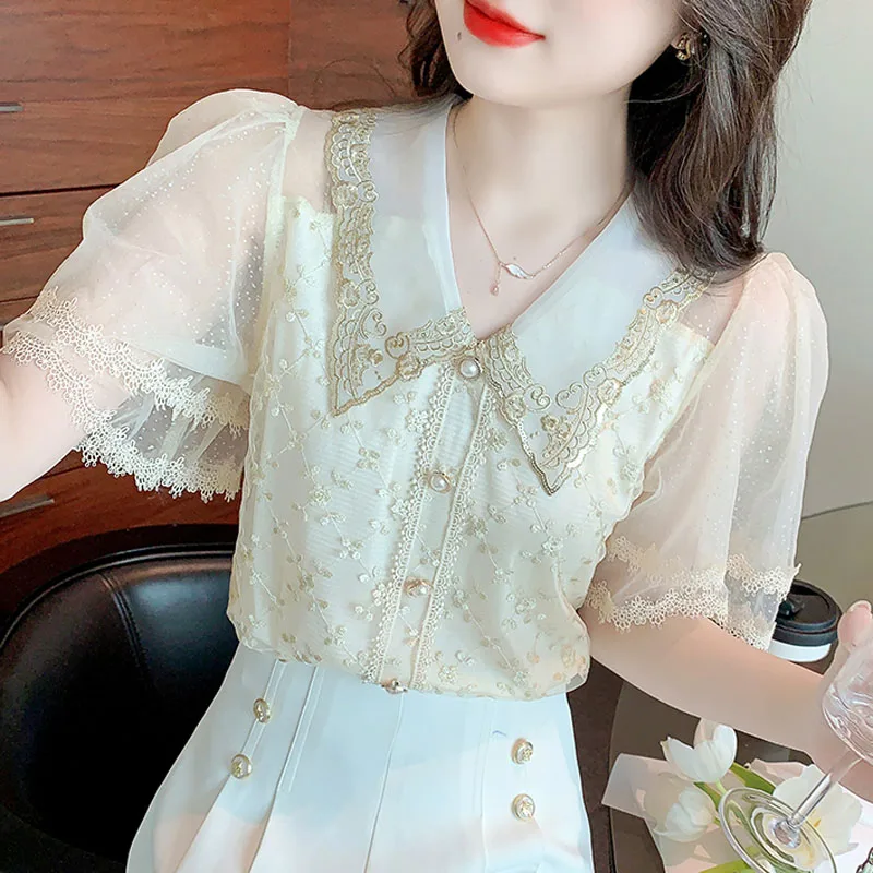 

2025 New Summer Fashion Girl Luxury Embroidery Chiffon Sweet Shirt Elegant Women Short Sleeve Blouses Blusas Loose Casual Tops