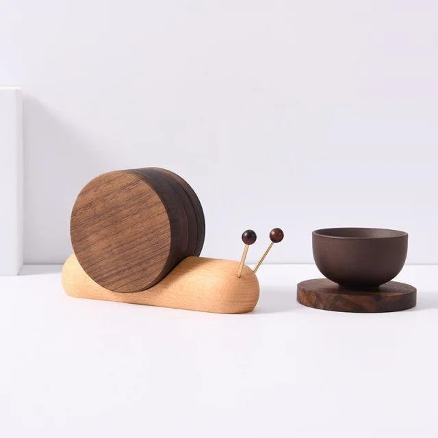 Walnut Wood Snail Coaster Set,Natural Wooden Drink Coasters with Holder,Anti-slip & Heat-resistant,Creative Home Decor
