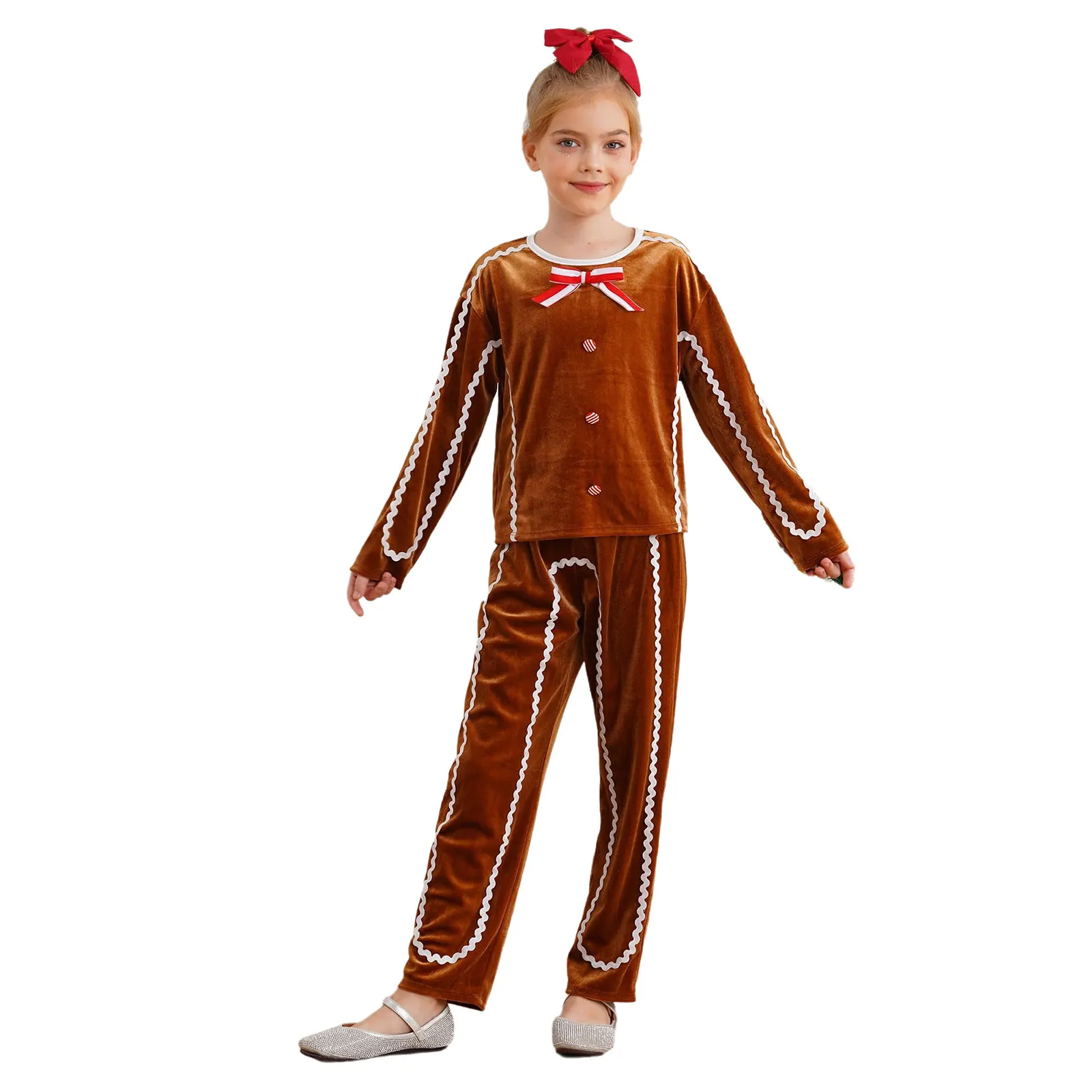 Kids Christmas Gingerbread Man Cosplay Costume Xmas Holiday Party Cookies Elves Outfit Velvet Long Sleeve Shirt Top with Pants