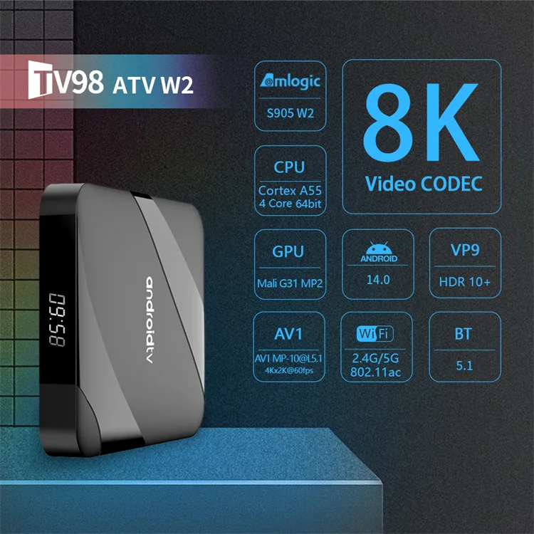 ATV Android 14 TV Box 4GB 64GB BT 5.1 AV1 S905W2 Quad Core 2.4G&5G Dual WIFI Voice Remote Media Player 8K 4K Set Top Box