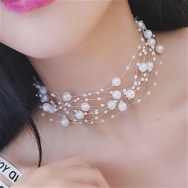 مزاجه اللؤلؤ متعدد الطبقات سلسلة الترقوة للنساء اليابانية والكورية بسيطة المنتقى طوق الرقبة مجوهرات قلادة قصيرة ne #1