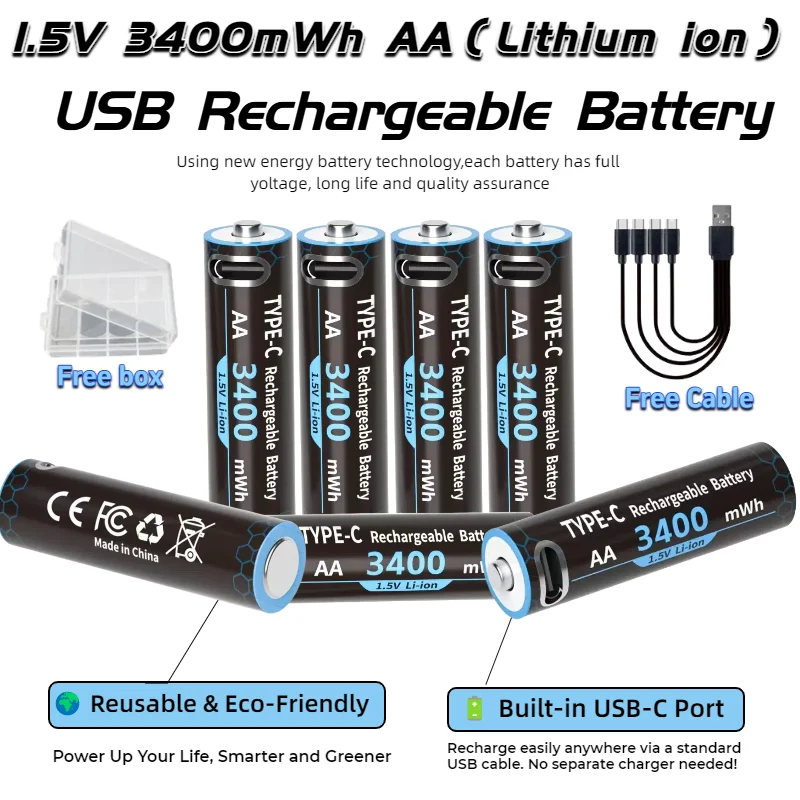 

New 1.5V AA Lithium Battery 3400mWh High Capacity USB-C Rechargeable for Smart Door Lock Hunting Camera Remote Control Mouse