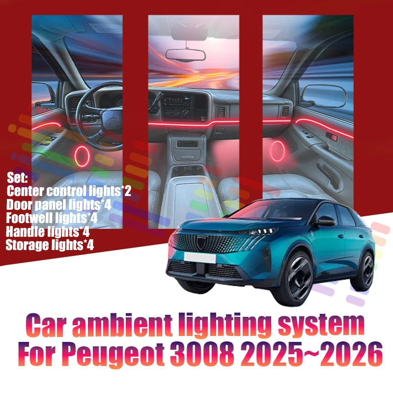 Für Peugeot 3008 2025~2026 P64 MK3 Auto LED Ambientebeleuchtung Farbige Atmosphärenlichter Auto-Innenraum Neonstreifen 64 RGB-Beleuchtung