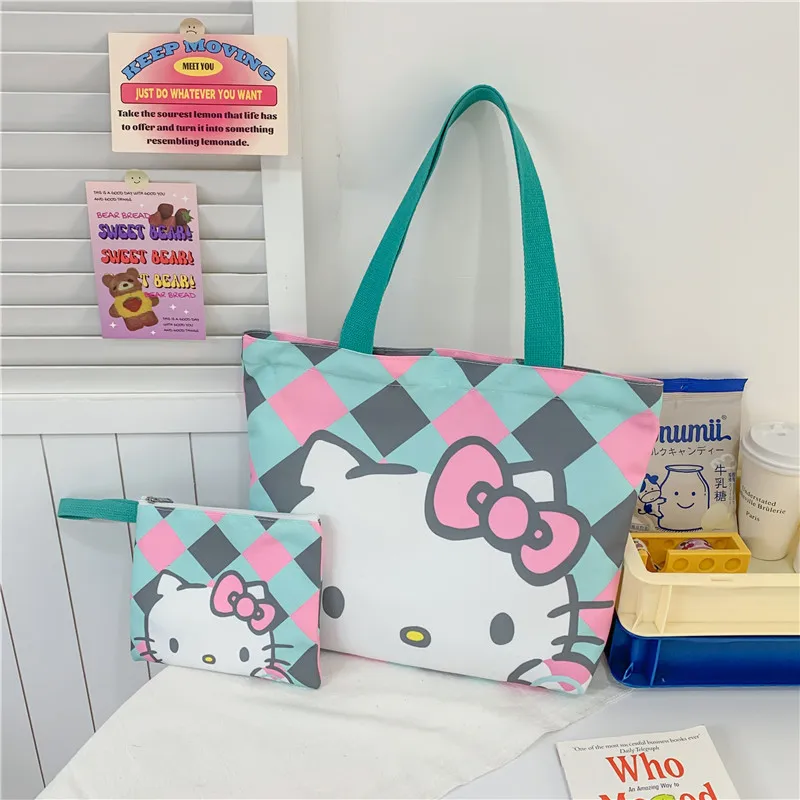 2pcs Kawaii Hello Kitty Canvas Tote Bag For Women Zipper Large Capacity Shoulder Bag Kuromi Cartoon Handbag Ladies Books Bag