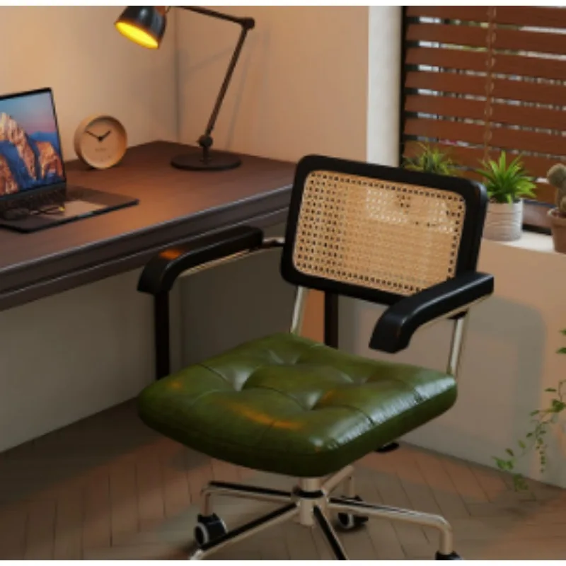 Retro Rattan Weave Computer Chairs Japanese Comfortable Study Desk Seat Rotating Lifting Chair Breathable Armrest Backrest Chair