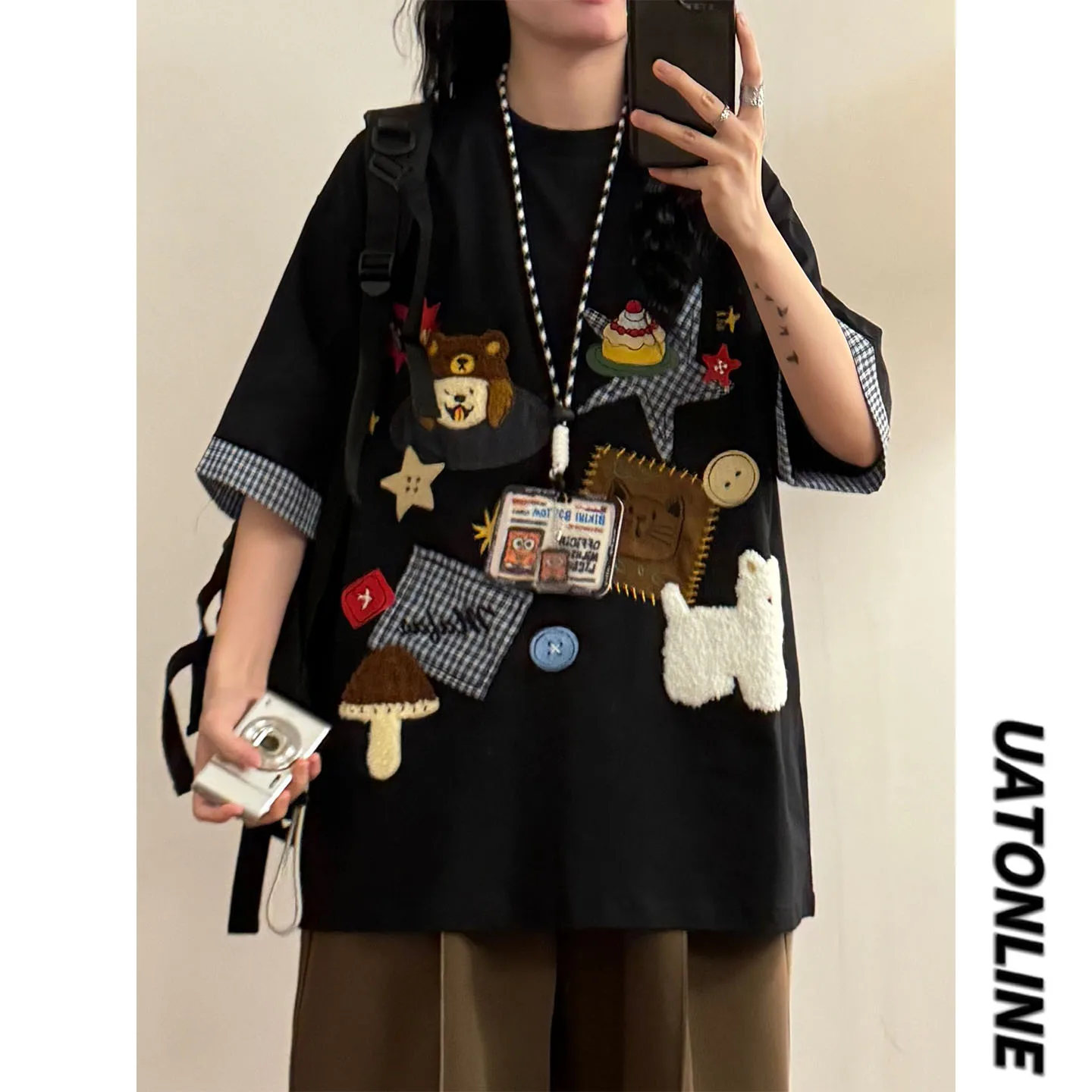 

UATONLINE2026 Американская ретро-футболка с вышивкой мультяшных животных, с коротким рукавом, повседневная, унисекс, свободного кроя, в уличном стиле, дышащая