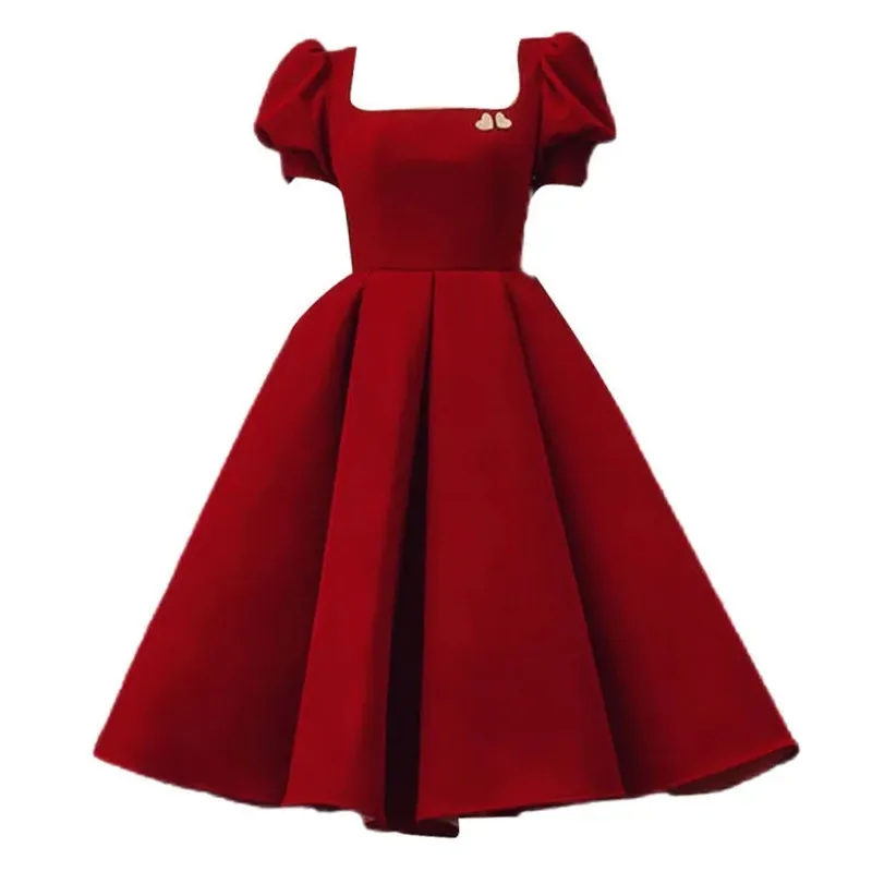 Wine Red Elegant Dress Woman Solid Color Square Collar Beaded Short Sleeve Mid-length A-line Skirt Fashion Evening Gown M360