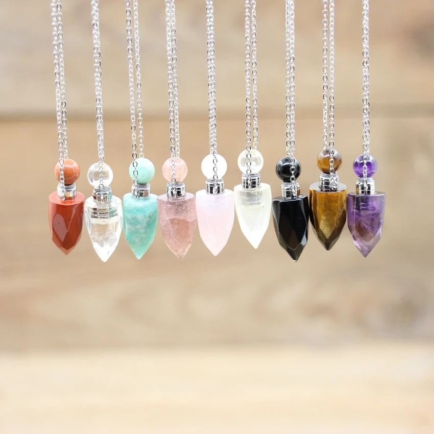 Faceted Lapis Obsidian Perfume Bottle Pendants Chains Natural Stone Crystal Essential Vial Necklace Jewelry QC1149