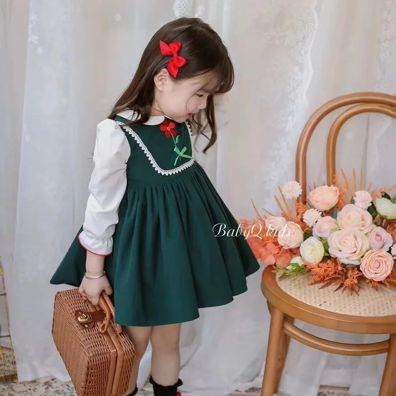 Girls Casual Dresses Long Sleeves Skirt with Baby Doll Collar Lovely Flower Design Siimple Style Kids Outfit Autumn Spring