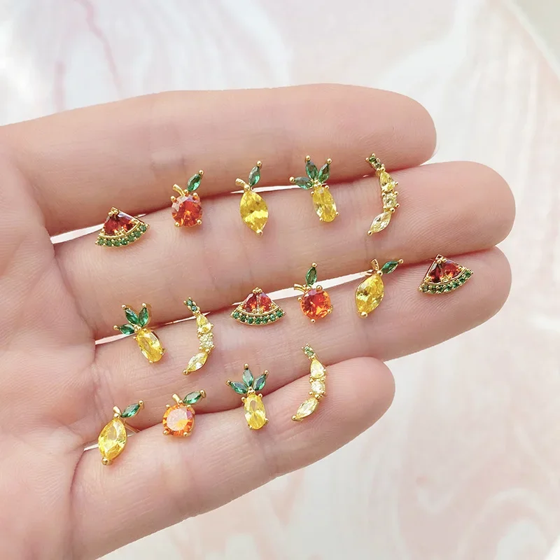 CRMYA Gold Plated Stud Earrings For Women Color CZ Zircon Cute Fruit Female Piercing Stud Earrings 2023 Jewelry Wholesale