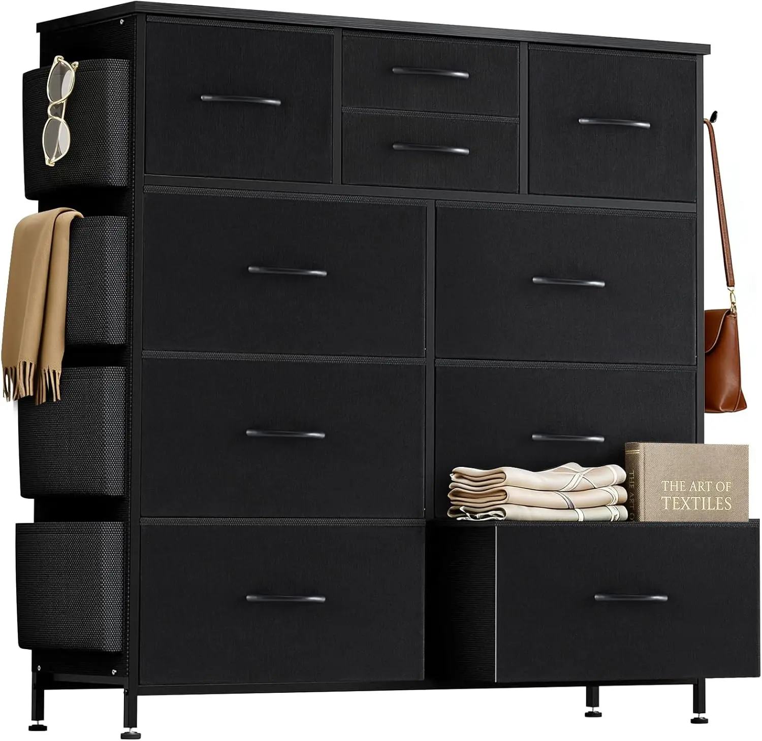 

Dresser for Bedroom with Side Pockets and Hooks, 10 Drawers Storage Organizer Chest of Drawers, Sturdy Metal Frame for Living