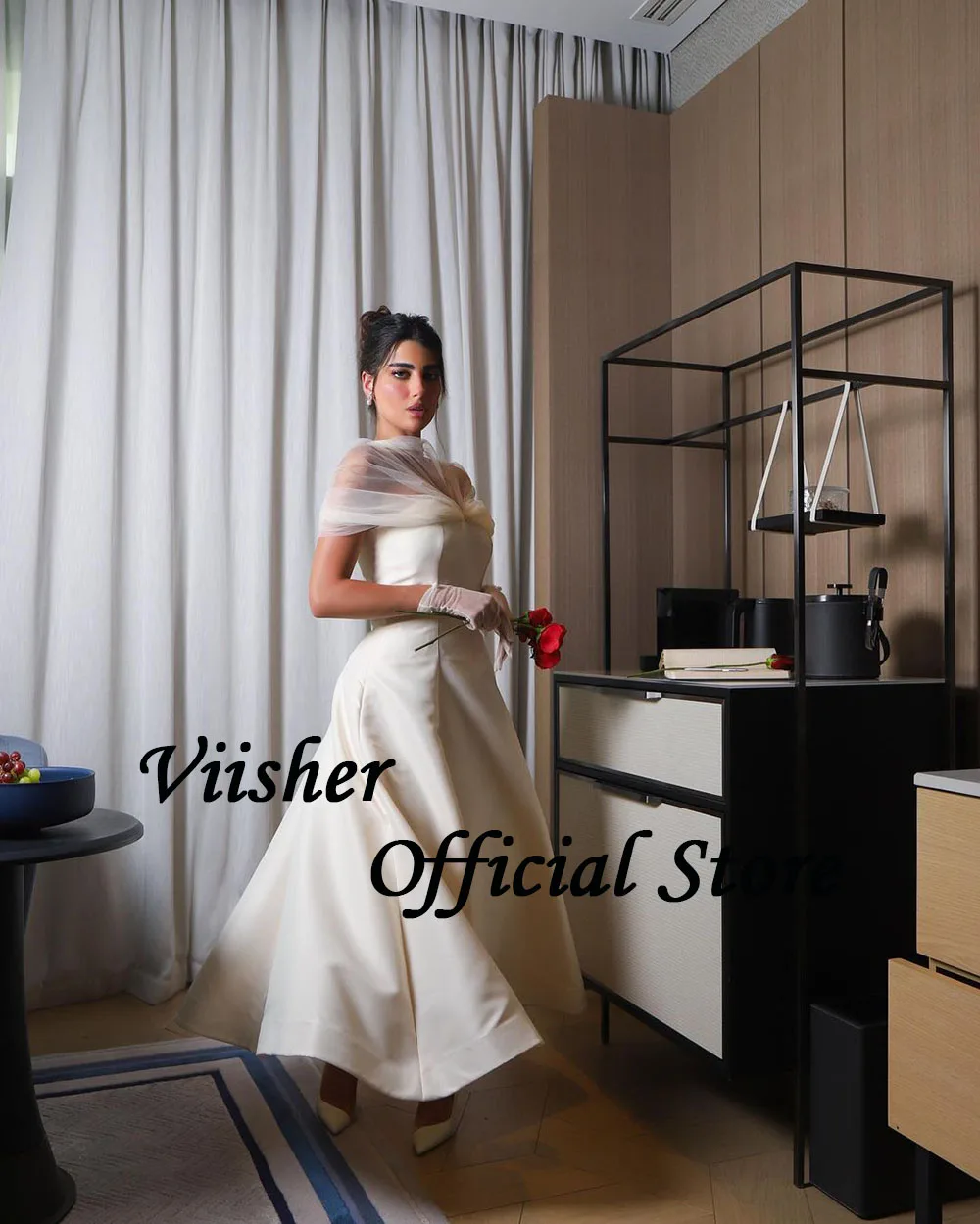 Viisher White A Line Arabia Dubai Wedding Dresses Mono Satin Tulle Elegant Bride Dress Ankle Length Wedding Bridal Gowns