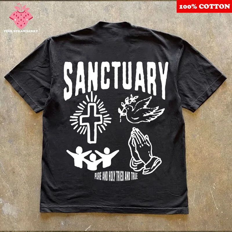 

American Retro Cross Print T-shirt Men Women Summer 2025 New Christian Pattern Short sleeves Loose T-shirt Y2k Top male clothing