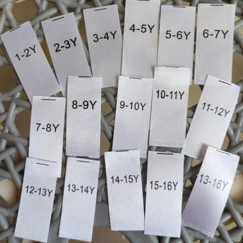 50PCS White Size Label 1-2Y 2-3Y 3-4Y 4-5Y 5-6Y 6-7Y 7-8Y 8-9Y 9-10Y 10-11Y 11-12Y 12-13Y Print Satin Number Sizing Labels