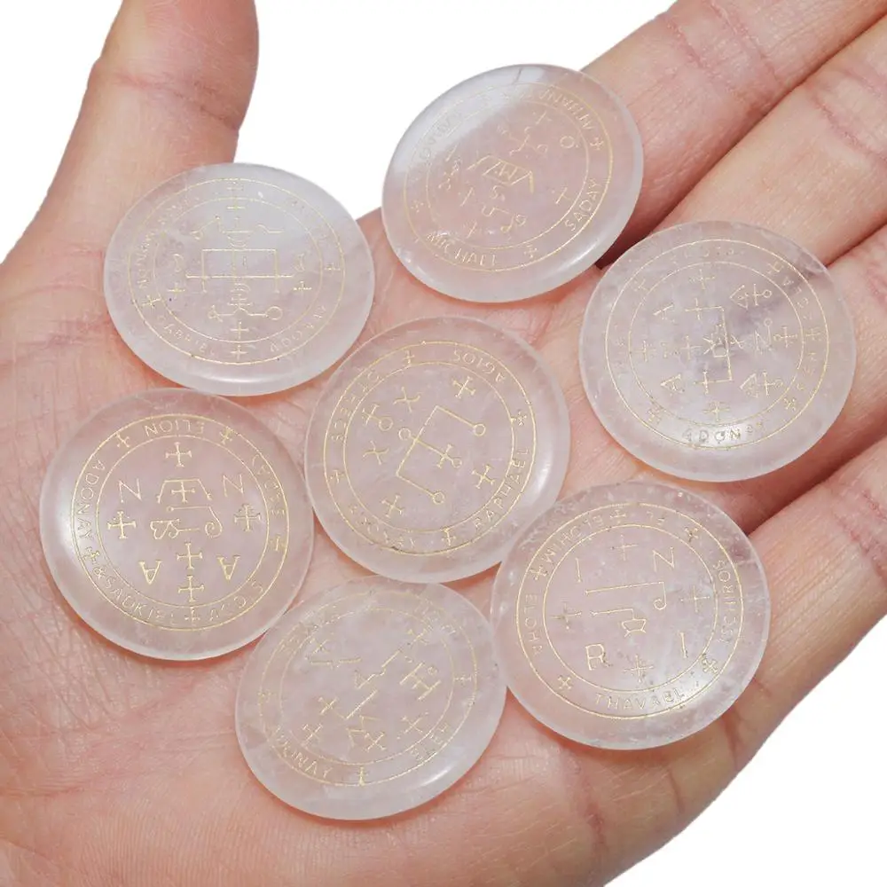 TUMBEELLUWA Healing Crystal Polished Engraved Round Palm Worry Stone Reiki Symbol The Seven Archangels,Set of 7