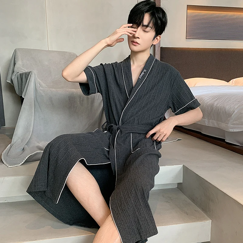Summer Cotton Men Robe Short Sleeve Mens Knitted Cotton Robes Casual Soft L-4XL Male Bathrobe