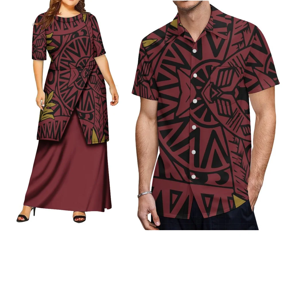 Retro Patroon Ontwerp Polynesische Tribal Verzamelen Dames Pletasi Jurk Heren Retro Shirt Op maat gemaakte paar outfits