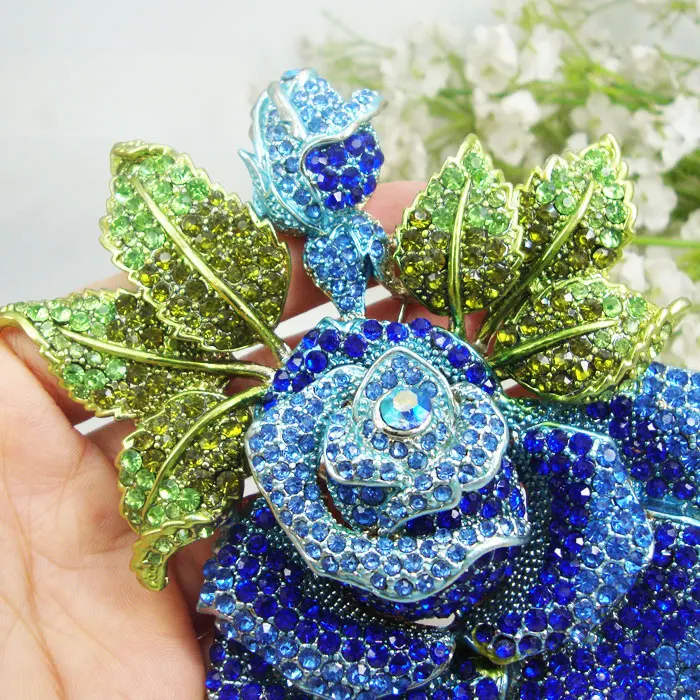 Blue Huge Rose Flower Bud Leaf Rhinestone Crystal Woman's Brooch Pin