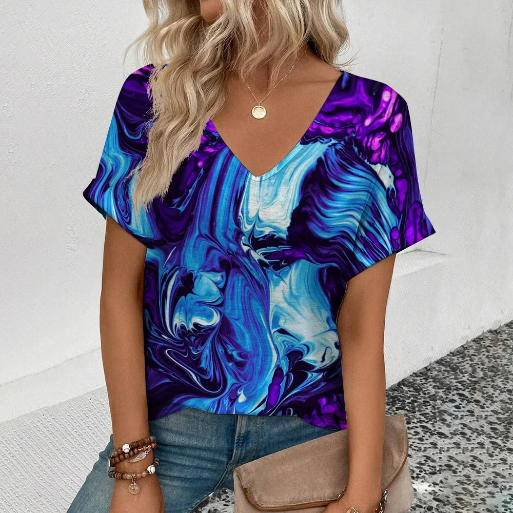 Fashion 2024 casual women's short-sleeved V-neck T-shirt 3D printed color fringe pattern T-shirt Women's elegant T-shirt