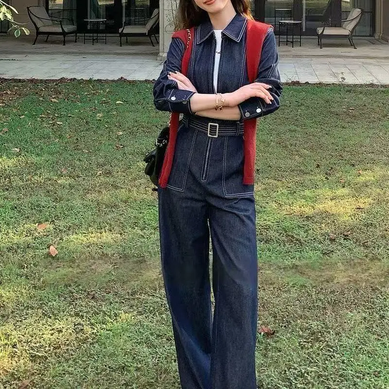 Retro Slimming Denim Jumpsuit Women's Spring And Autumn Fashion Korean Version Niche Design Casual Pants