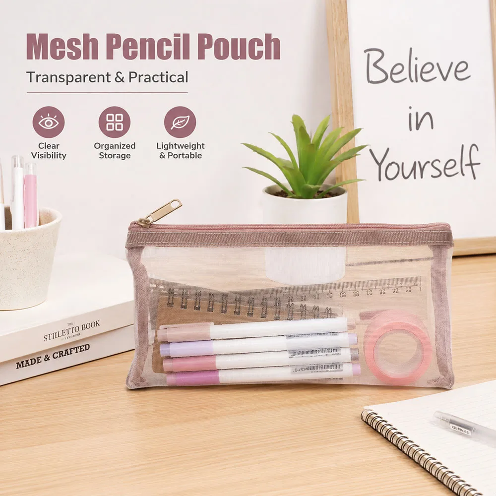 Transparent Pen Bag Nylon Mesh Square Shape Stationery Pouch Large Capacity Zipper Closure Storage Pouch Wash Sundries Organize