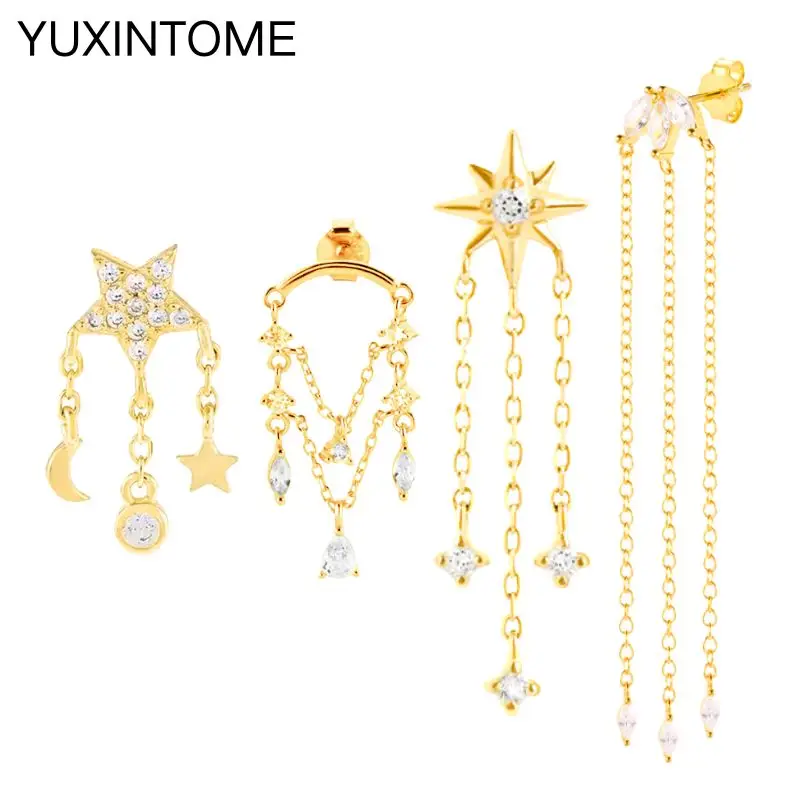 

925 Sterling Silver Needle Star Long Chain Tassel Pendant Stud Earrings Women's White Zircon Piercing Earring Luxury Jewelry