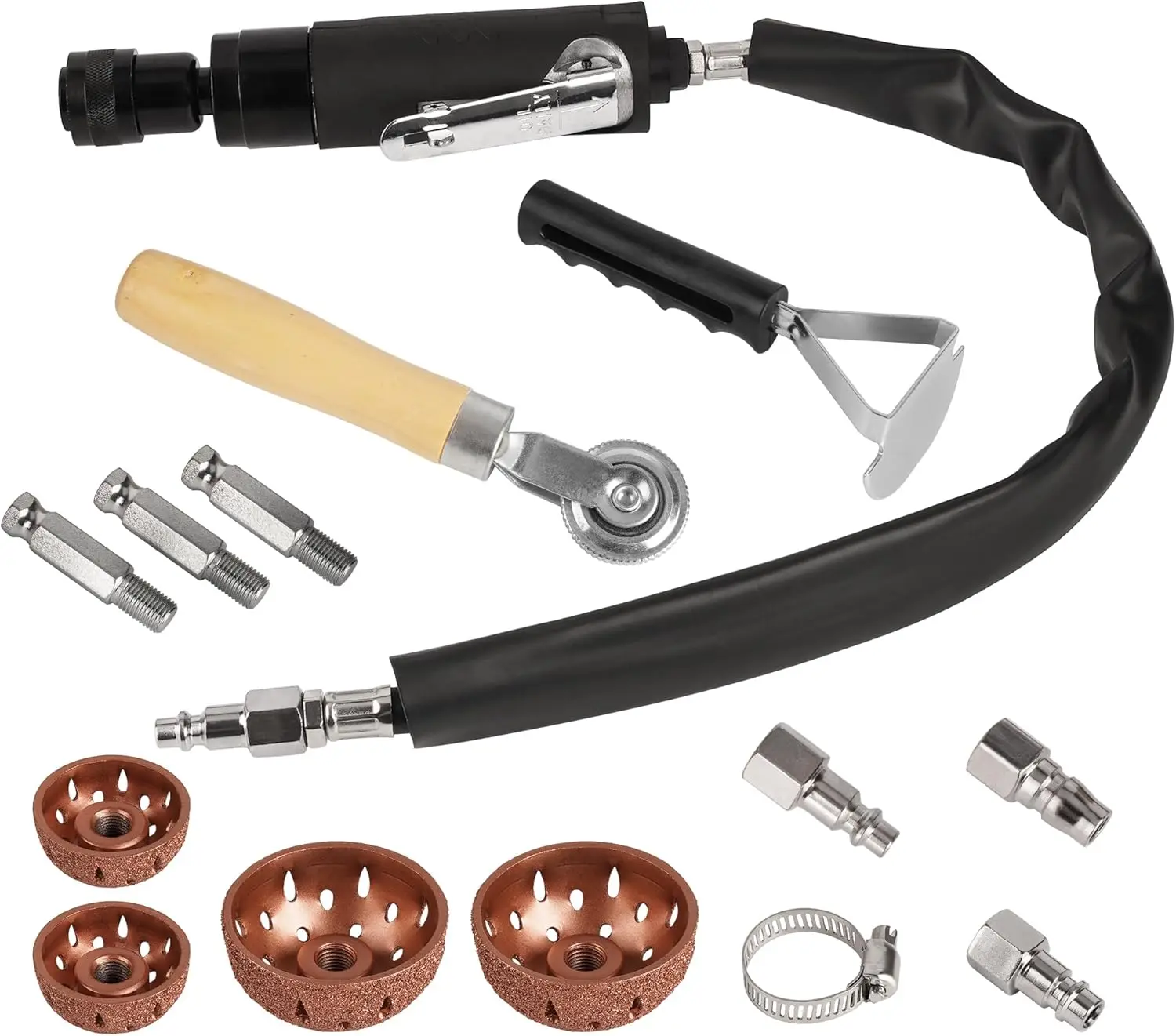 

Air Tire Repair Kit: 2500 RPM Air Buffer with Tungsten Wheel, Patch Roller & Inner Liner Scrapper