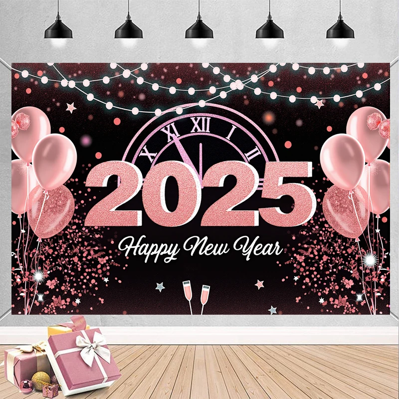 2025 Happy New Year Theme Party Background Clock Pink Balloons Family Party Banner Decoration Photography Background