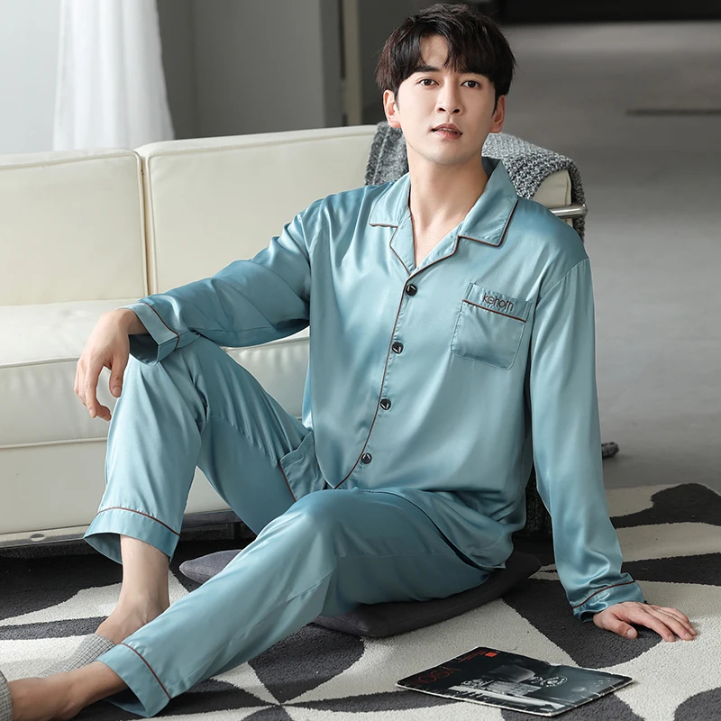 

Men Satin Silk Pajamas Set Solid Long Sleeve Sleepwear Loose M-4XL Male Pijamas