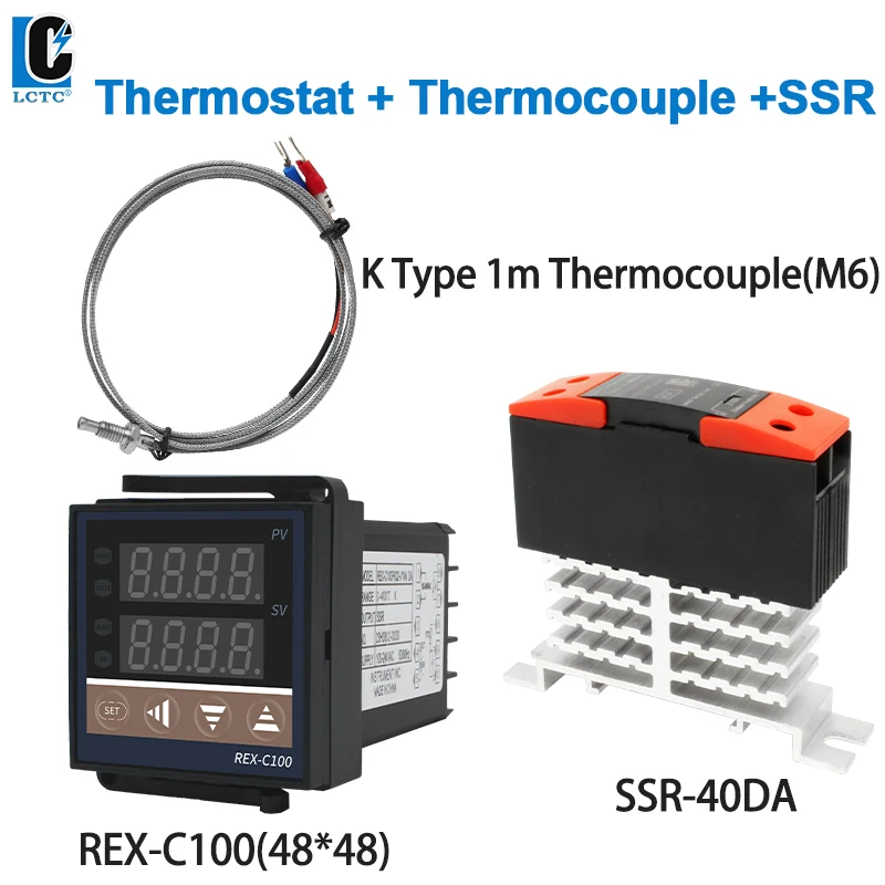 

PID Temperature Controller REX-C100 SSR Output Thermostat DC-AC 40A SSR K-type Thermocouple M6 Probe Length 1m