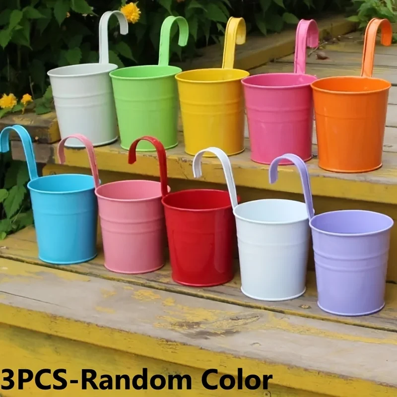 3Pcs Hanging Metal Flower Pots with Handles, Balcony Wall-Mounted Planters, Outdoor Garden Decoration – Random Color