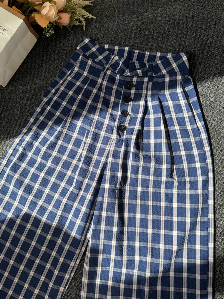 

Blue Button up Plaid Pants Thin Summer Casual Ice Silk Sun Protection Wide Leg Pants for Men And Women Cleanfit Loose Fit