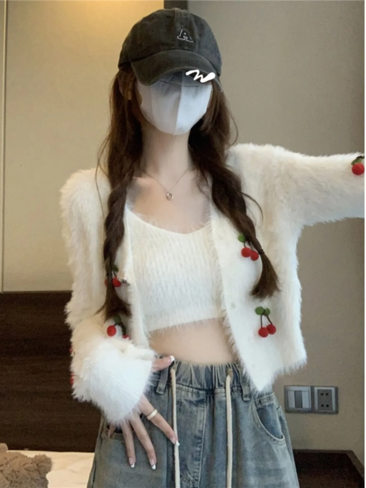 

Women's Faion Loose Knitted ort Cardigan Sweater Coat Fur Simulation Two-Piece Set V-Ne Long Sve Polyester Fiber