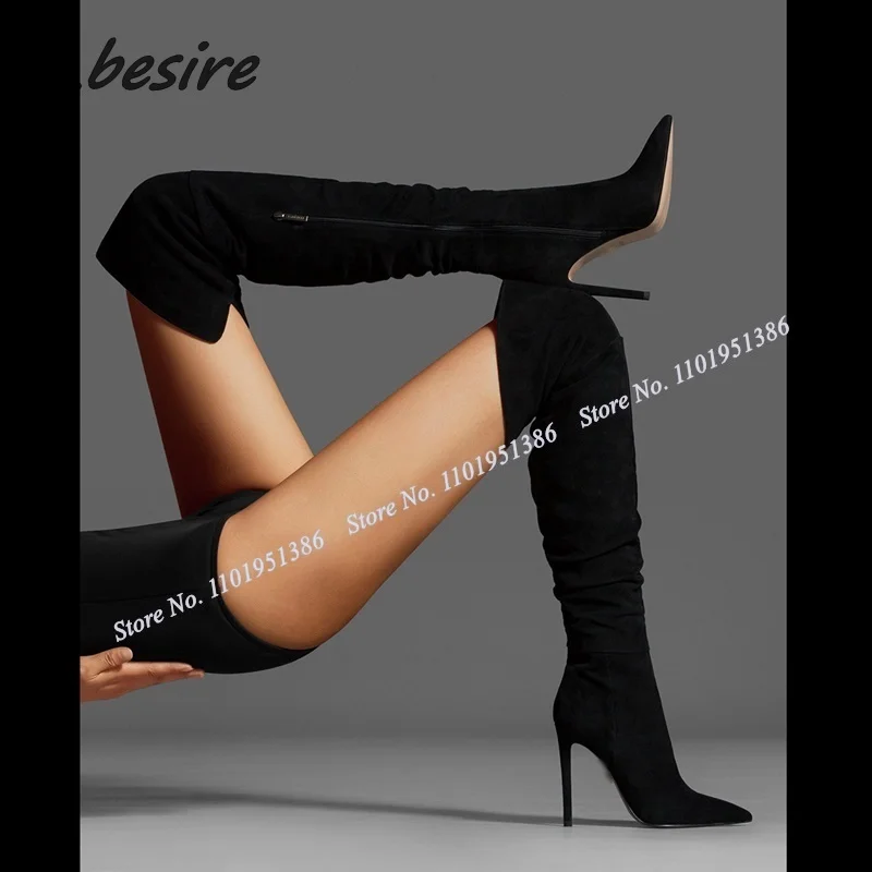 

Abesire Black Side Zipper Suede Boots Over the Knee Flock Pointed Toe Solid Stiletto Shoes for Women High Heel Zapatillas Mujer