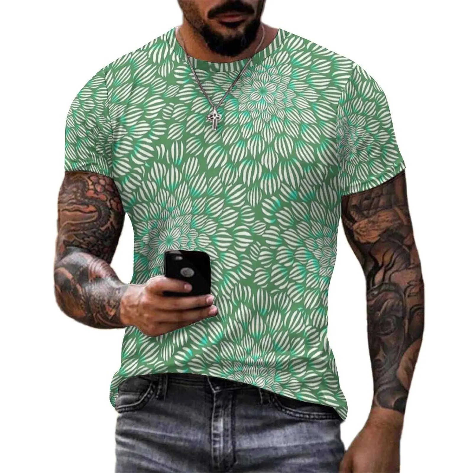 Oversized T Shirt Summer Succulent Doodle Mandala Print T Shirts  Y2K Casual Round Neck Tshirt Men Retro Printed Tops
