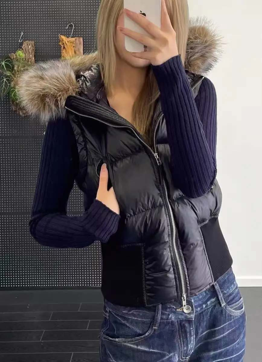 Detachable sleeves short section hair collar down jacket temperament Slim winter warm fluffy women's down jacket 2024 winter new