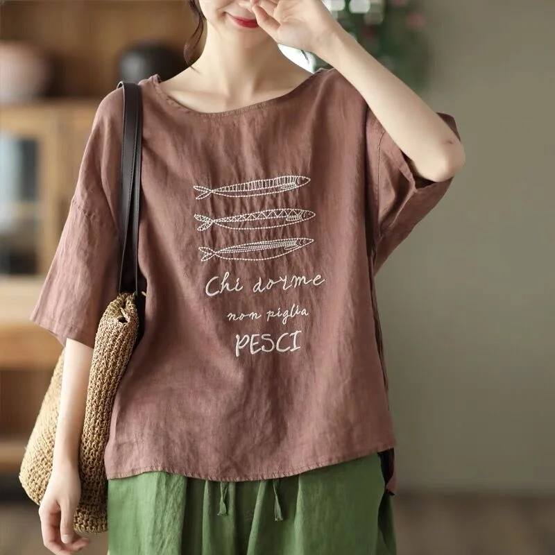 레트로 자수 린넨 반팔 티셔츠 여성 여름 신상 루즈핏 큰 사이즈 다용도 디자인 라운드넥 오버헤드 셔츠